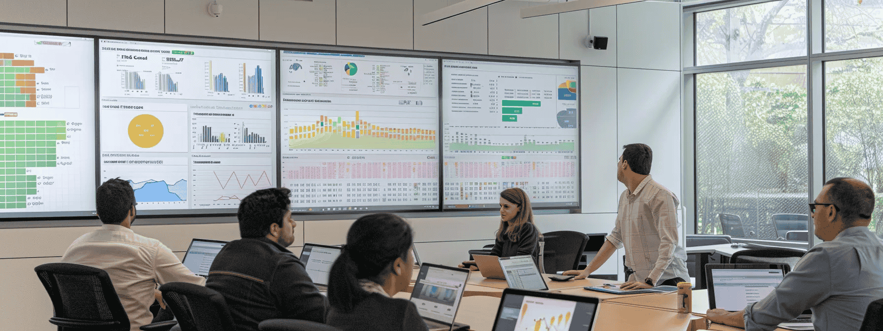 A diverse group of individuals in a conference room analyzing large screens with deal management software information.