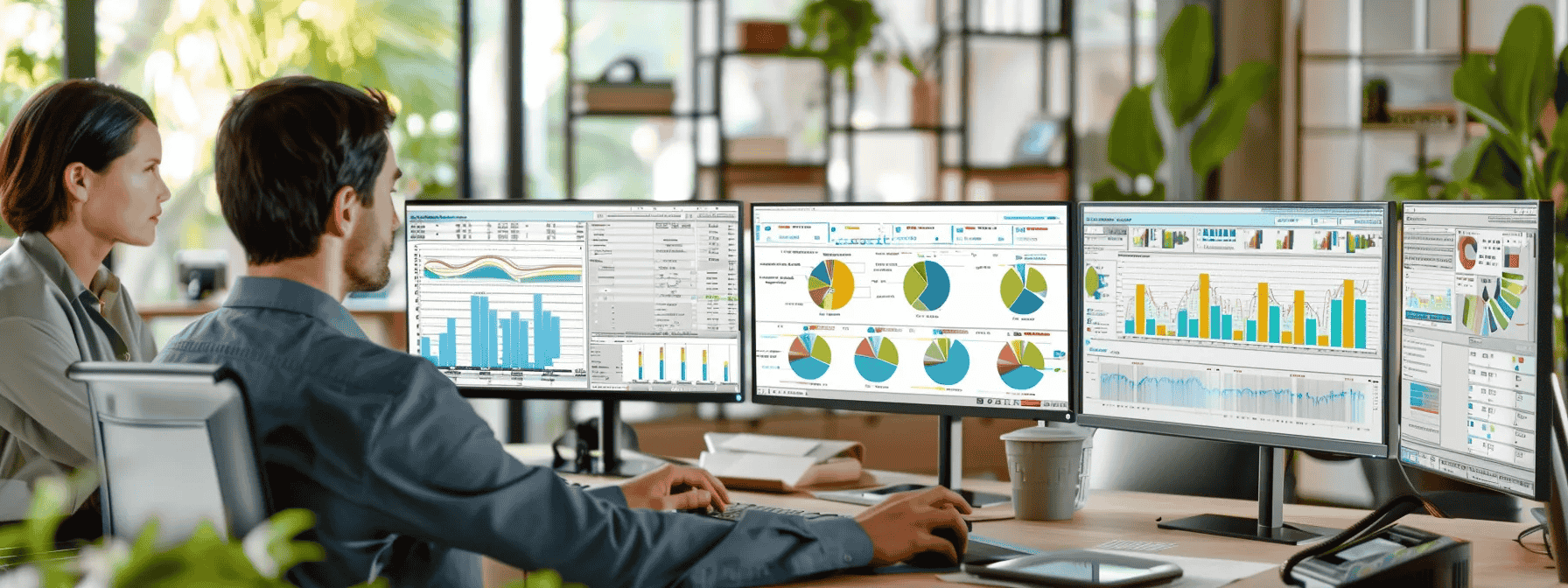Two colleagues focused on a computer with multiple screens, facilitating teamwork and efficient task management.